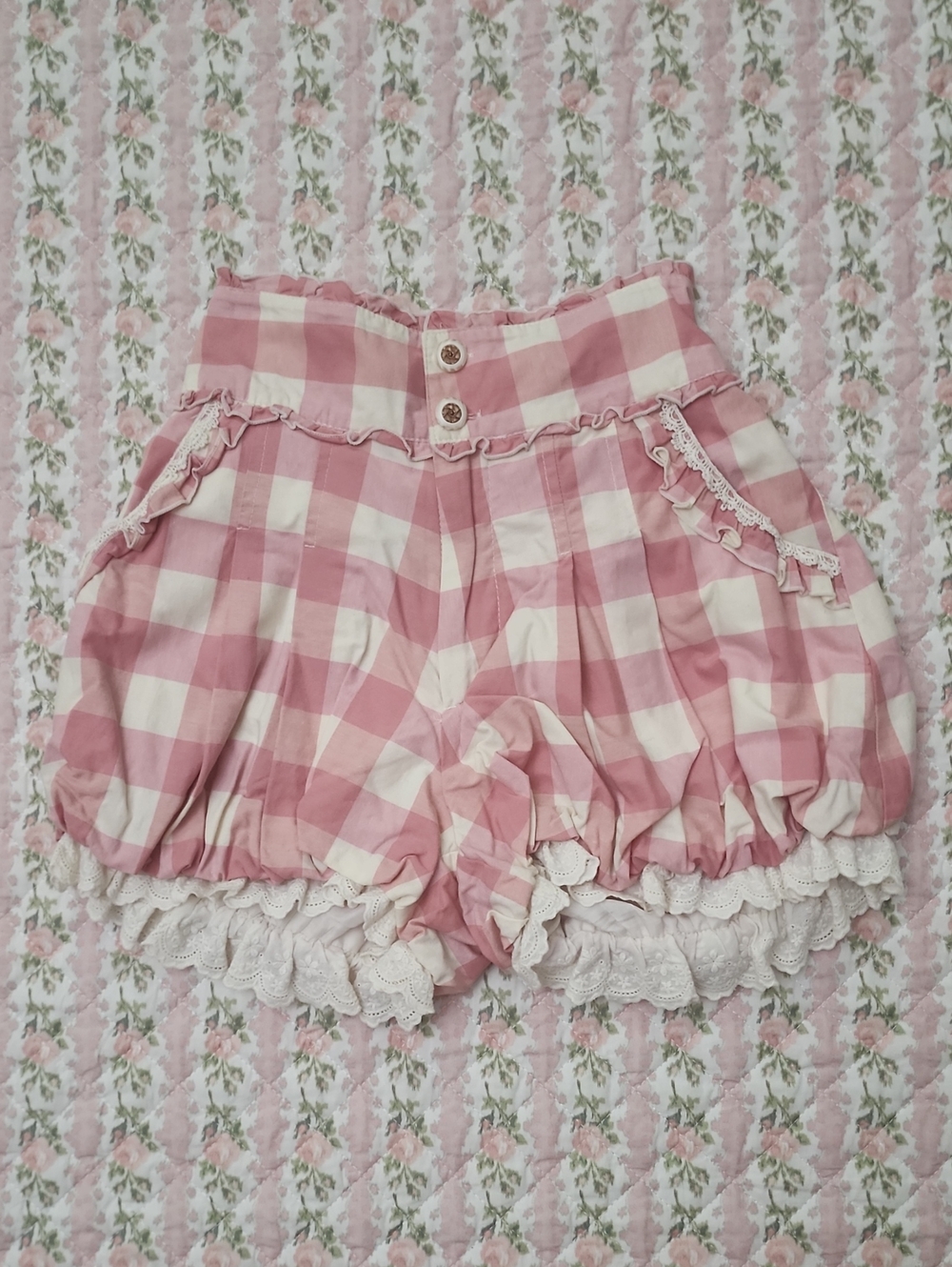 Liz Lisa 🎀 Pink Gingham Ruffle Lace Balloon Cotton Shorts